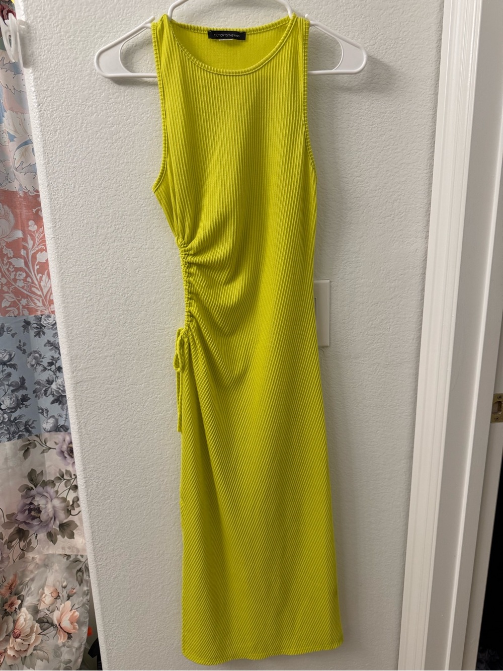Caution To The Wind Neon Lime Ribbed Side-Tie Midi Dress small